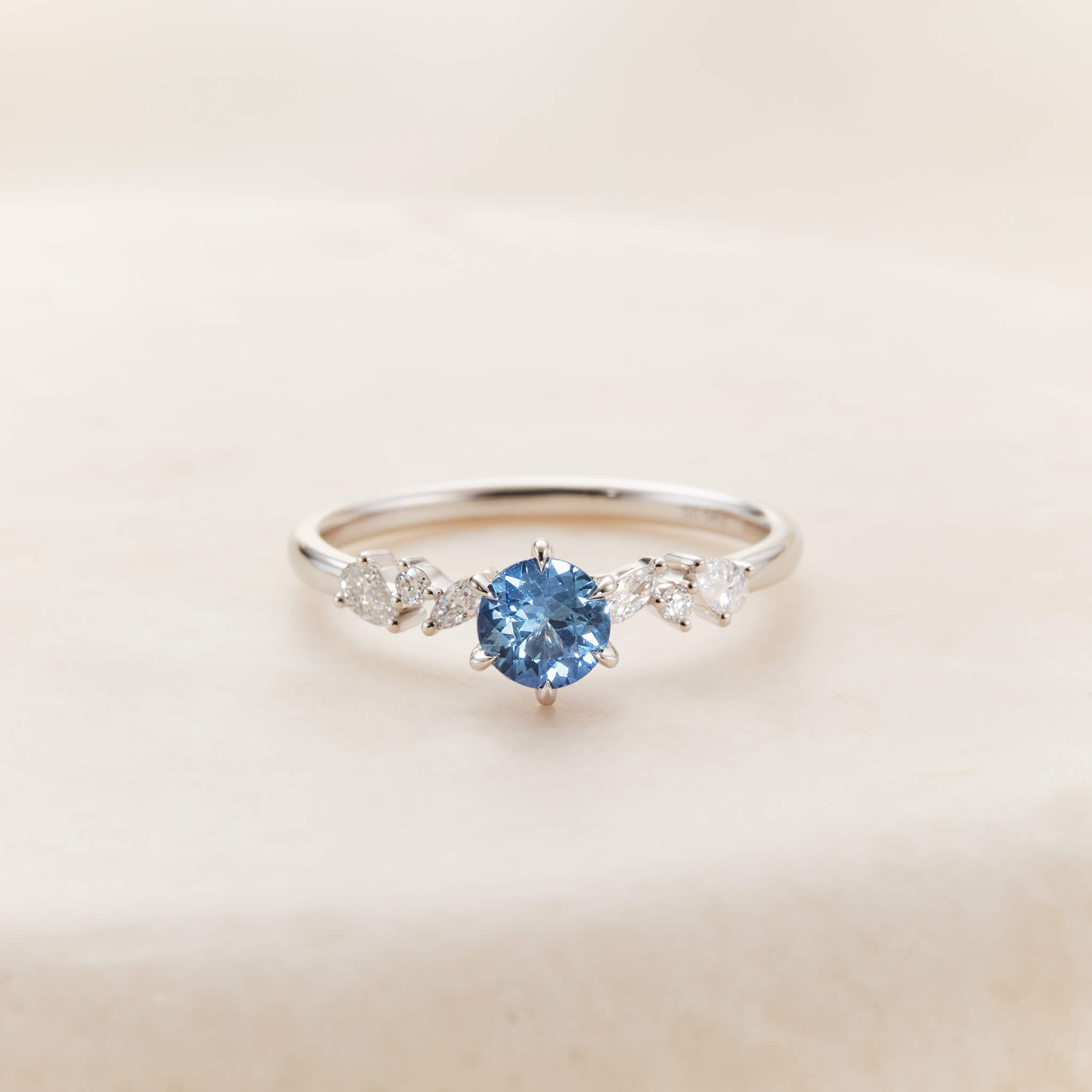 Round Sapphire and Lab Grown Diamond Cluster Ring 14k White Gold - Andromeda