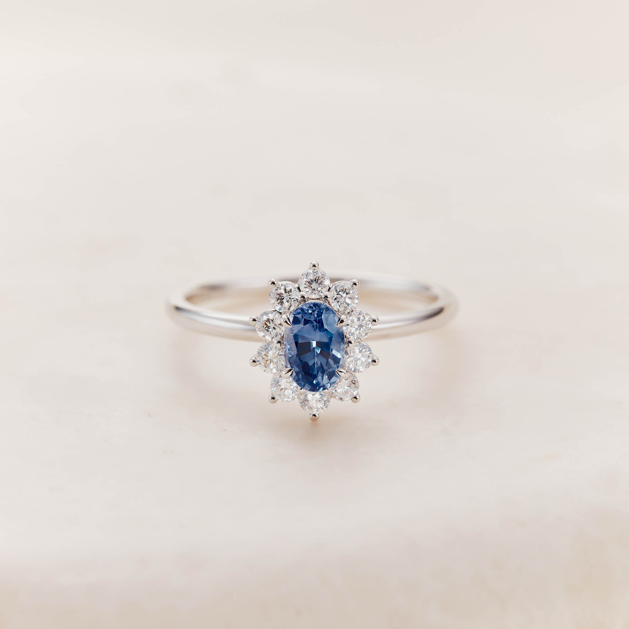 Sunburst Sapphire Halo Ring 14k White Gold - Sarai