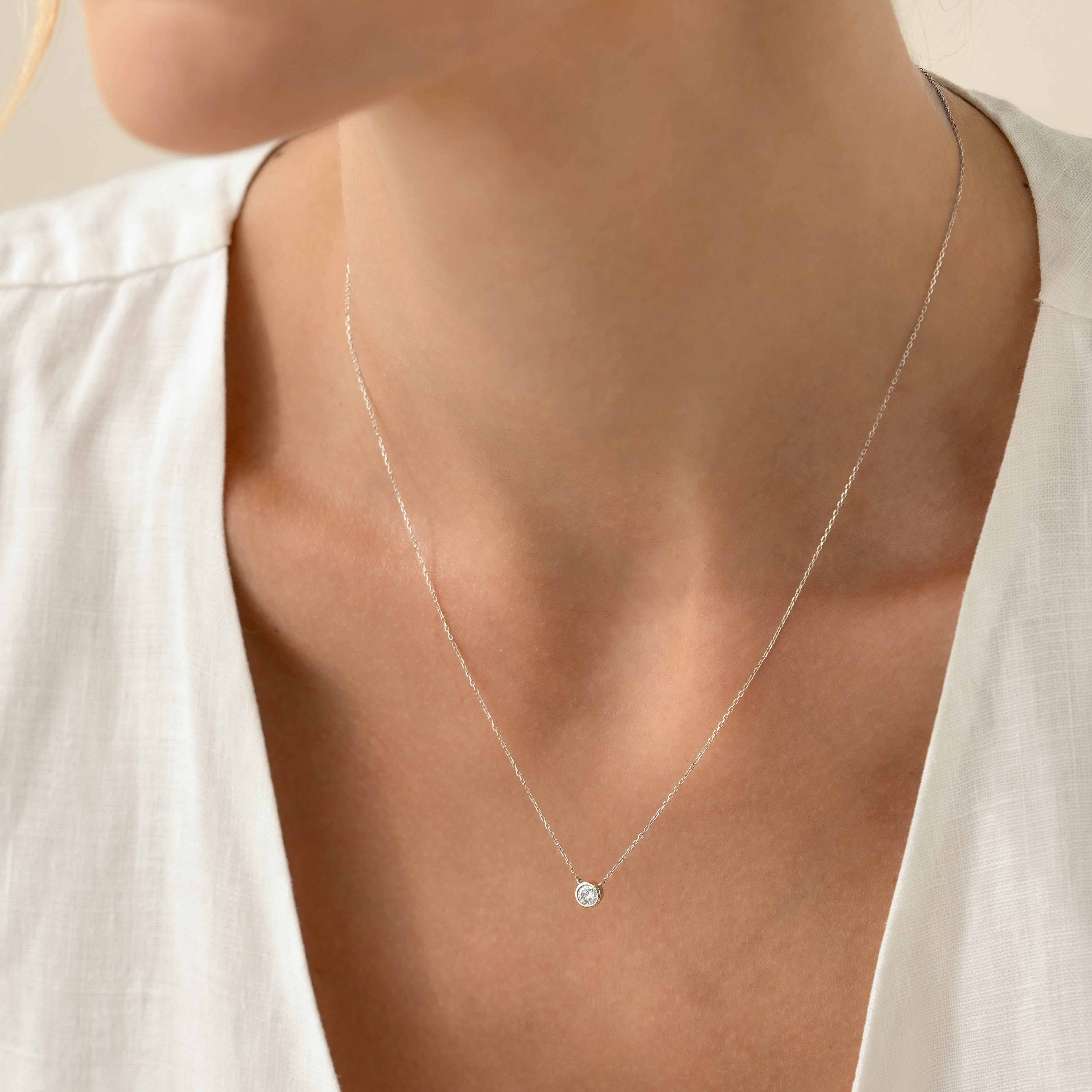 Bezel Set Lab Grown Diamond Necklace 14k White Gold - Ulla