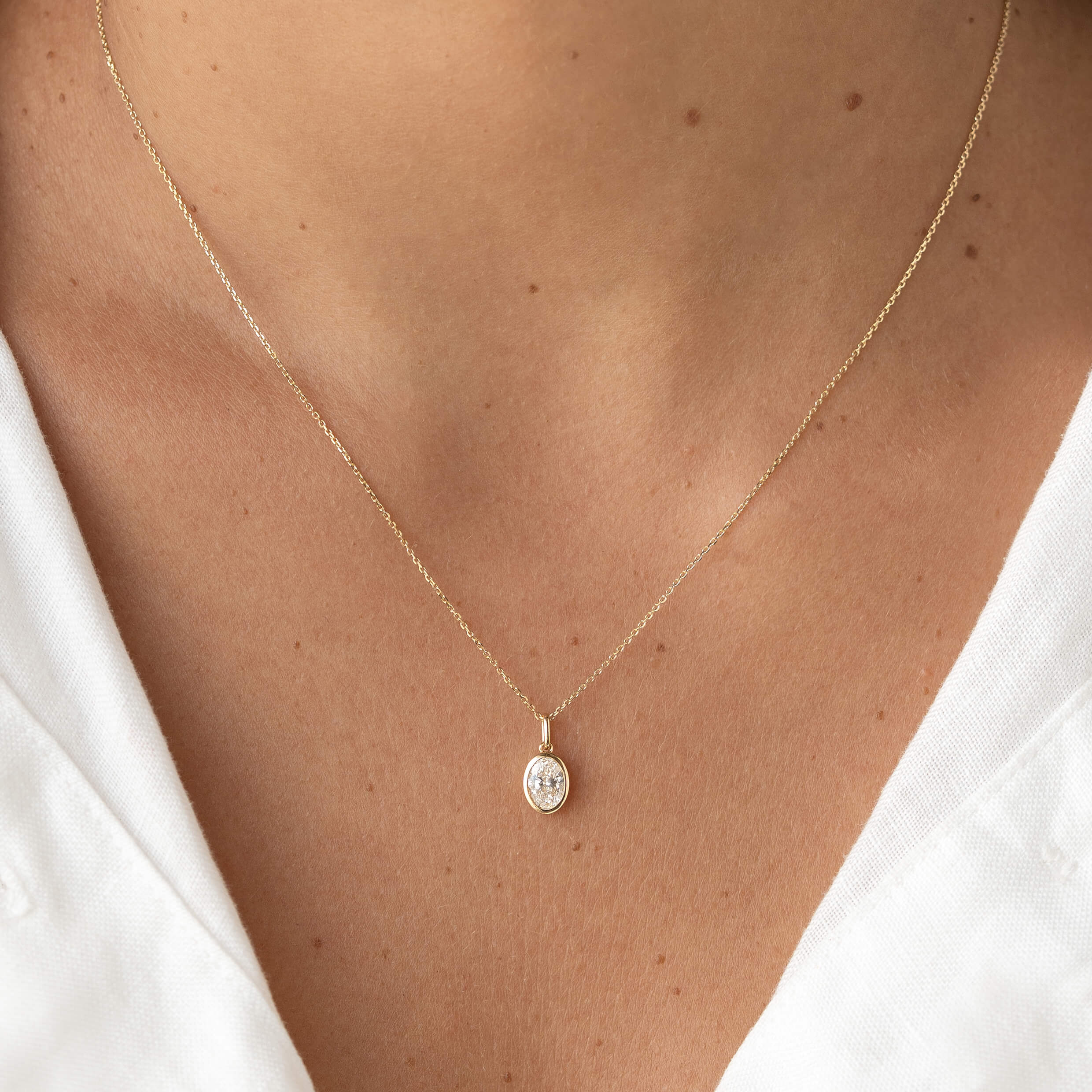 Bezel Set Oval Lab Grown Diamond Pendant Necklace 14k Gold - Pernille