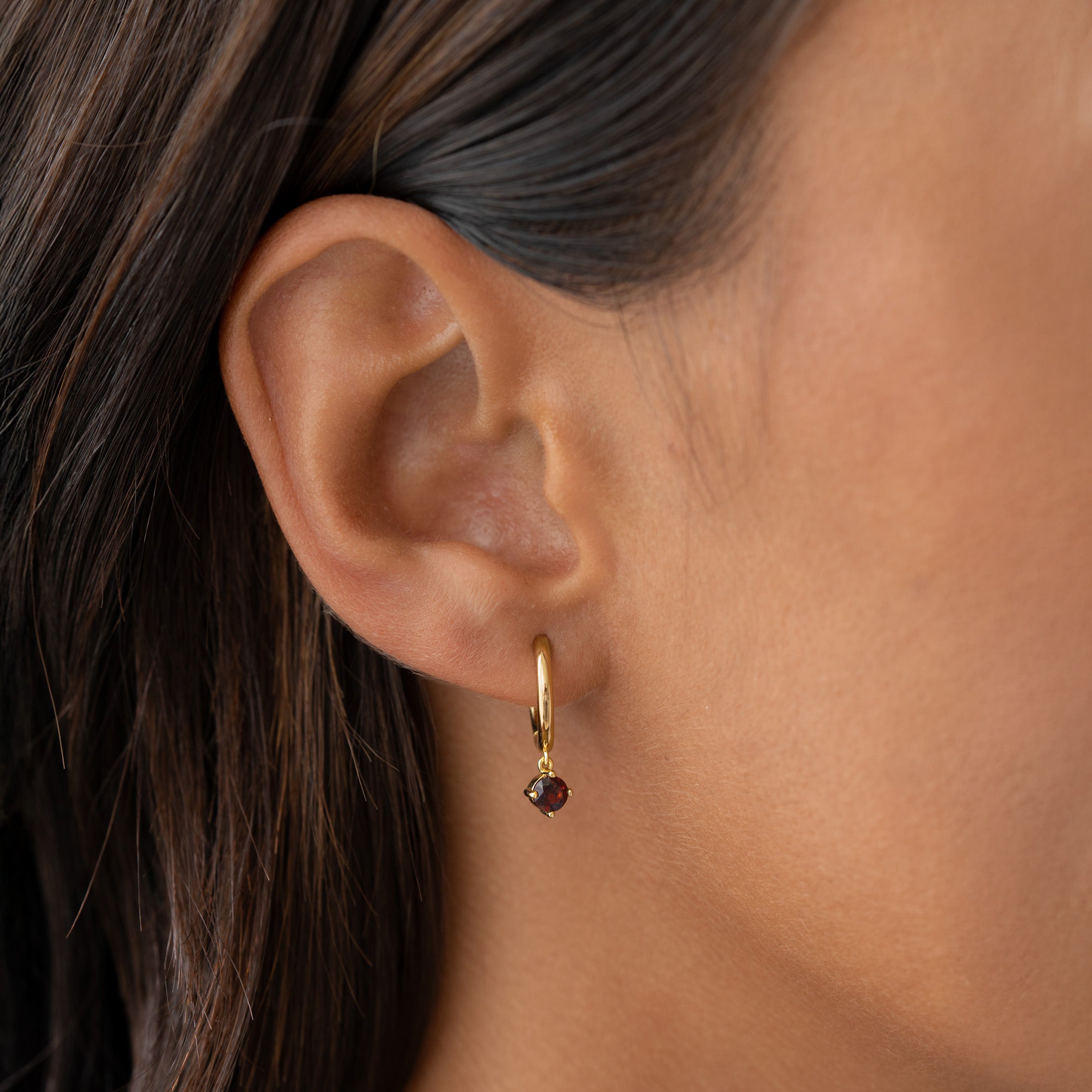 January Birthstone Drop Huggie Earrings - Garnet