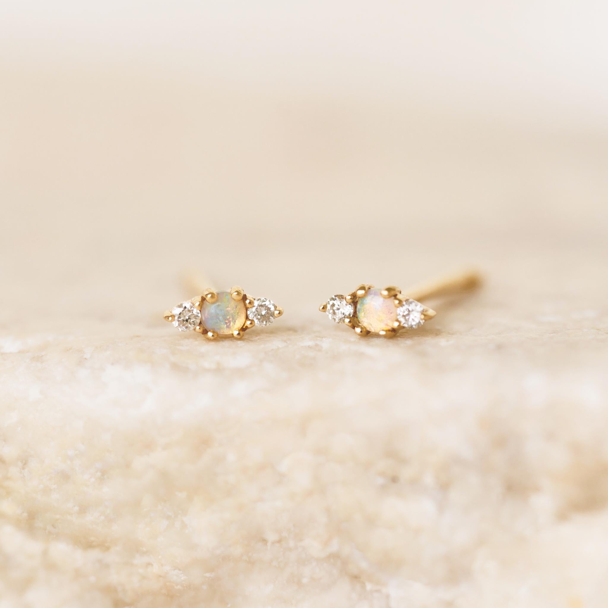 Opal & Lab Grown Diamond Stud Earrings 14k Gold - Kelda