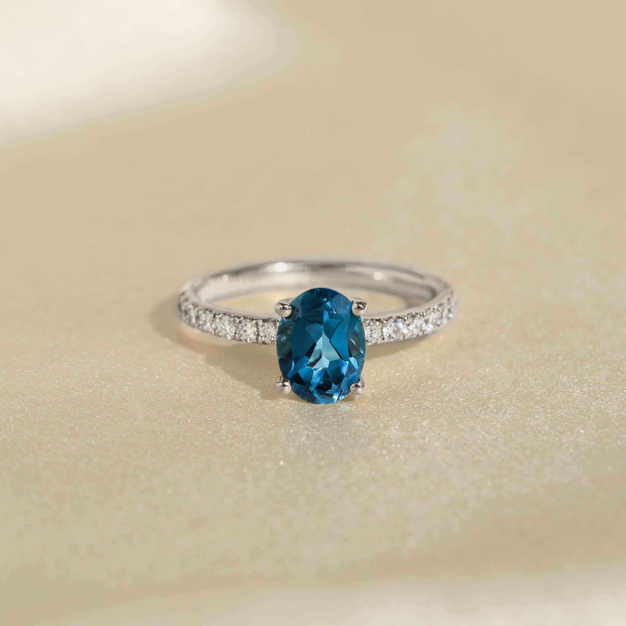 Oval London Blue Topaz and Lab Grown Diamond Ring White Gold - Minette
