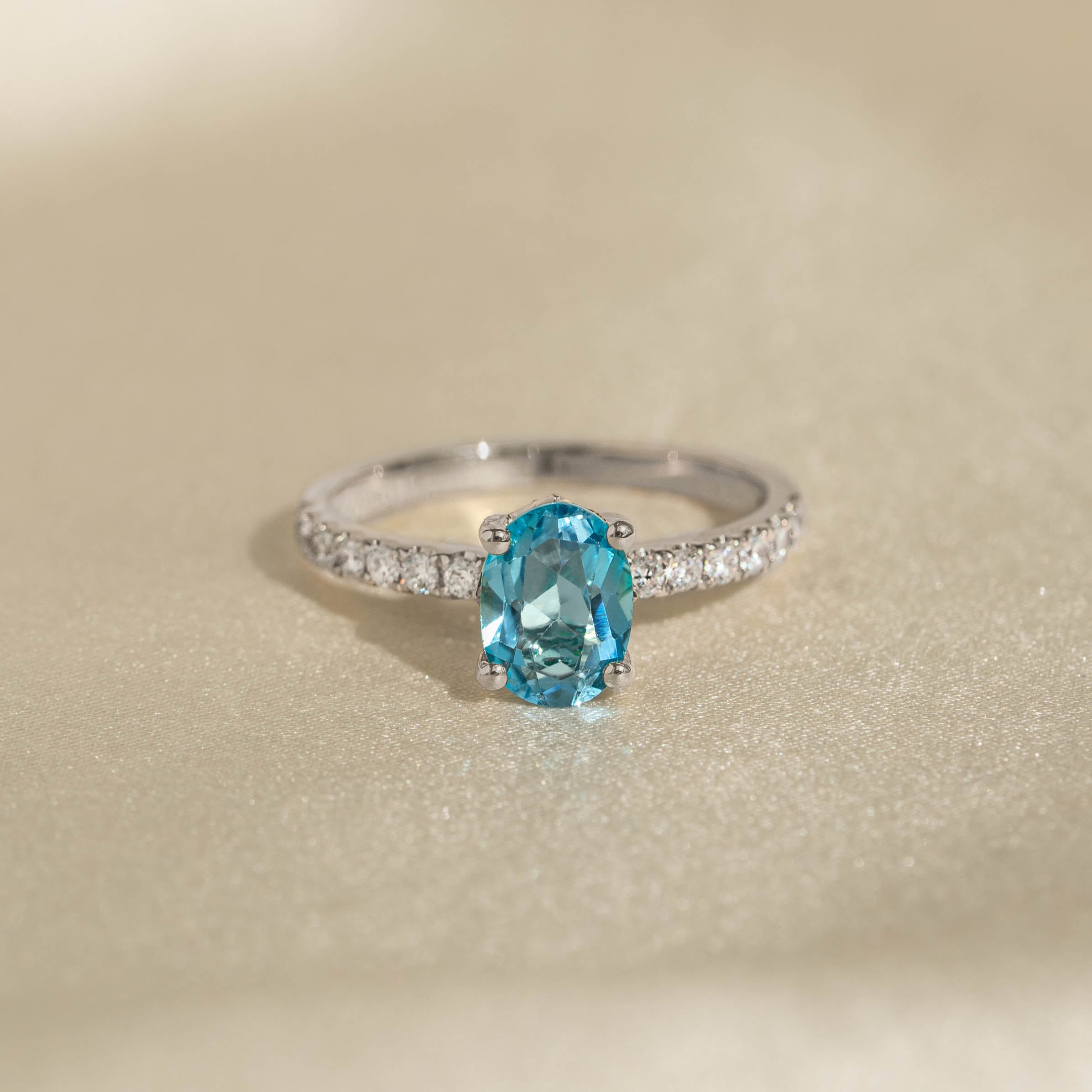 Oval Swiss Blue Topaz and Lab Grown Diamond Ring White Gold - Minette