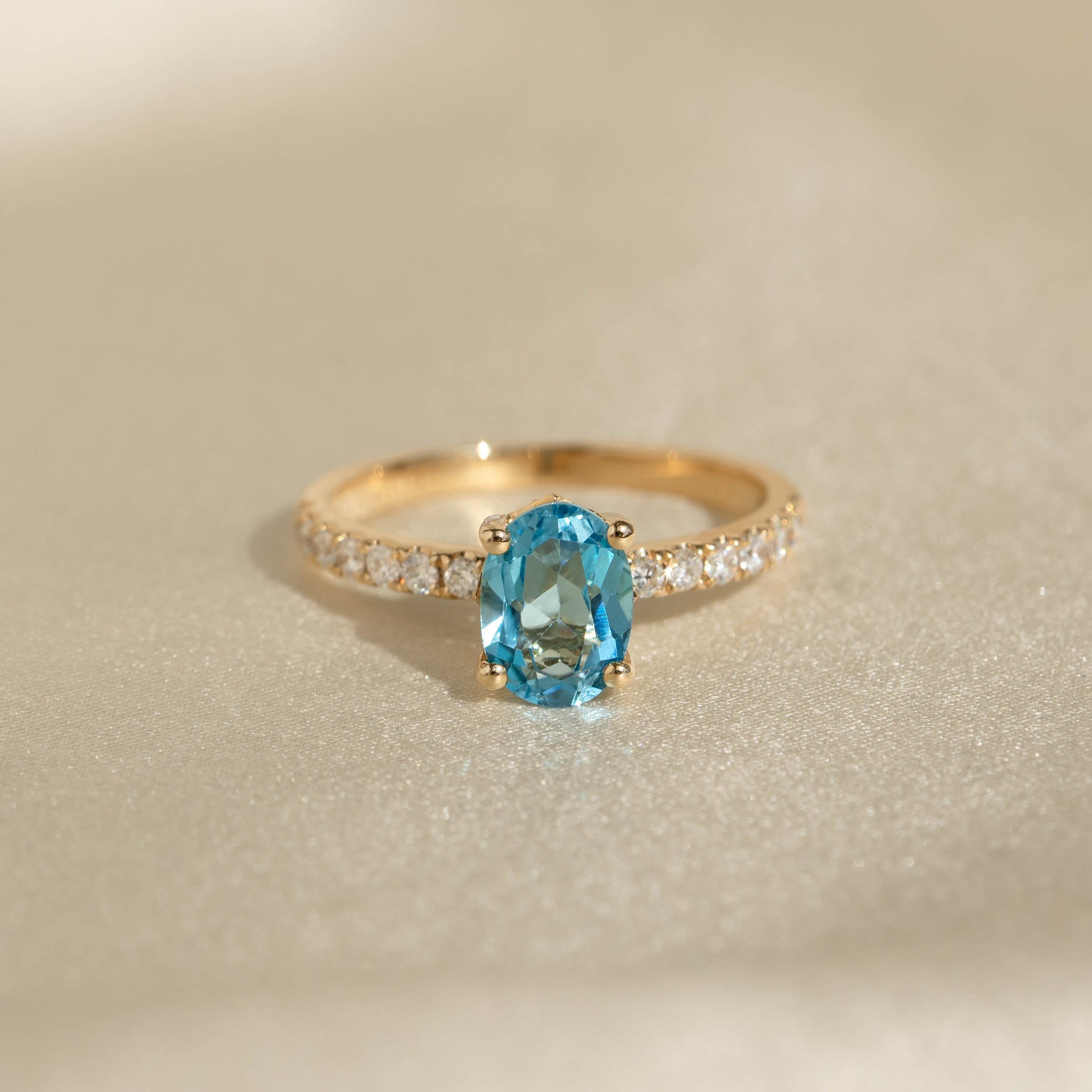 Oval Swiss Blue Topaz and Lab Grown Diamond Ring 14k Gold - Minette