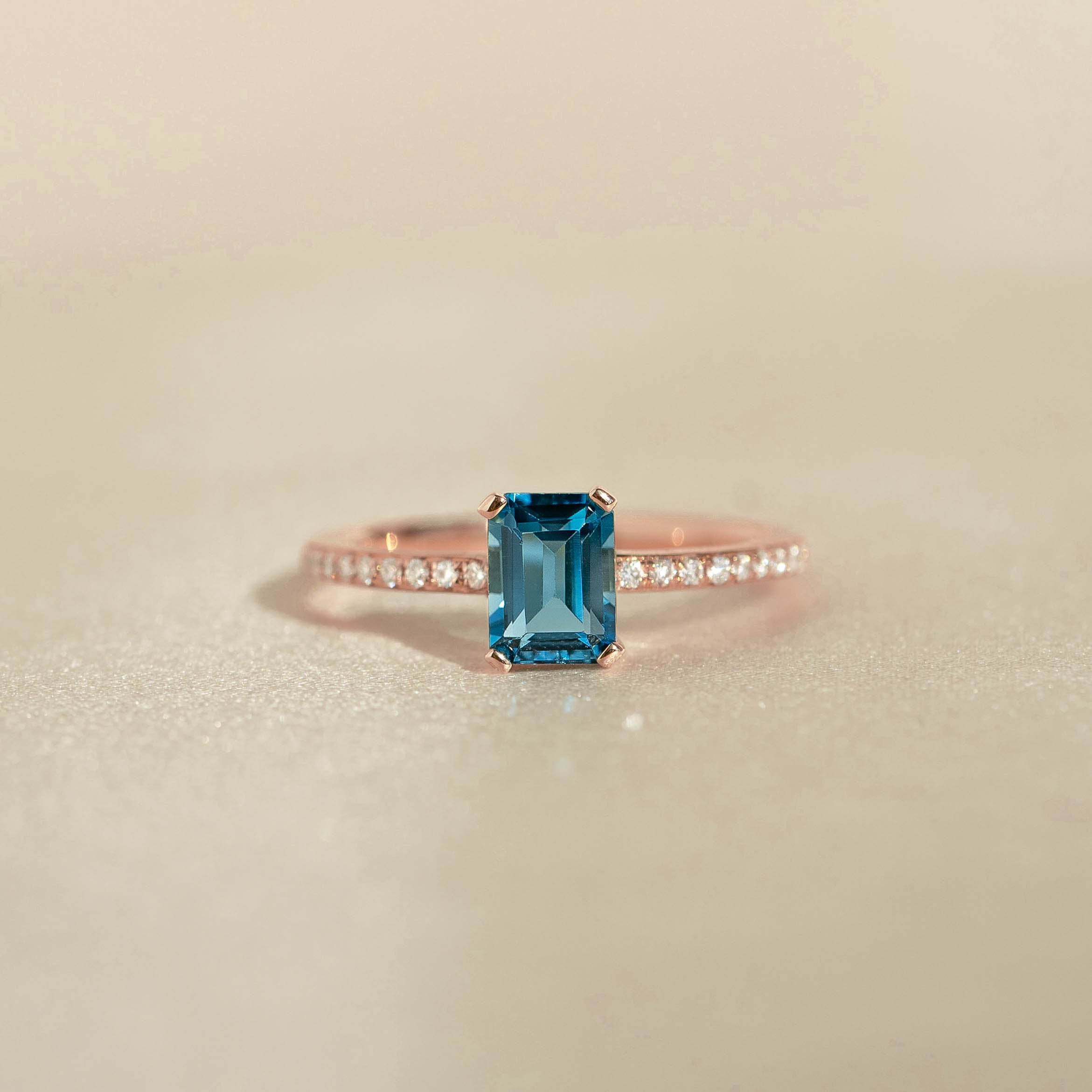 Baguette London Blue Topaz and Lab Grown Diamond Ring Rose Gold - Safiya