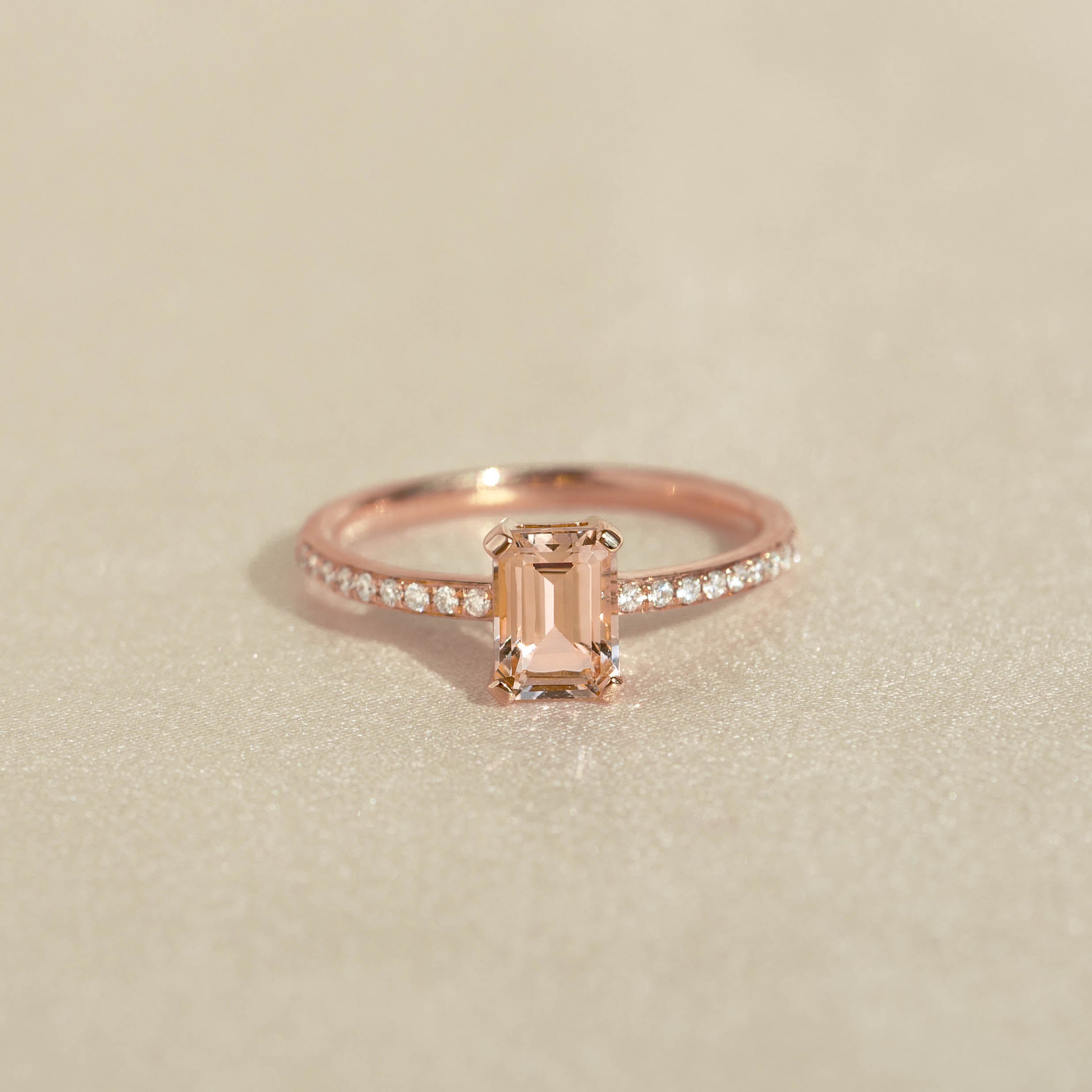 Baguette Morganite and Lab Grown Diamond Ring Rose Gold - Safiya