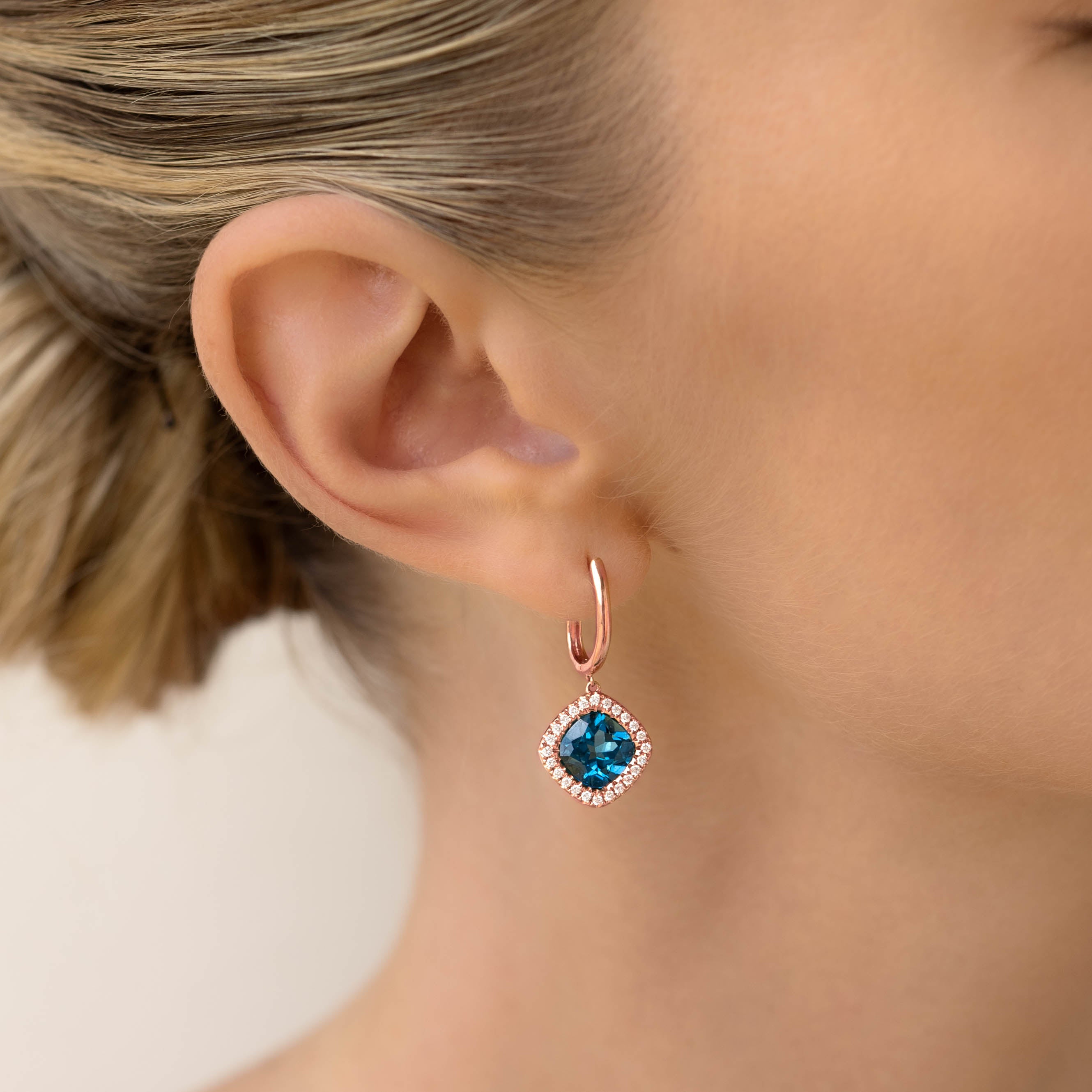 London Blue Topaz and Lab Grown Diamond Halo Drop Earrings Rose Gold - Elvira