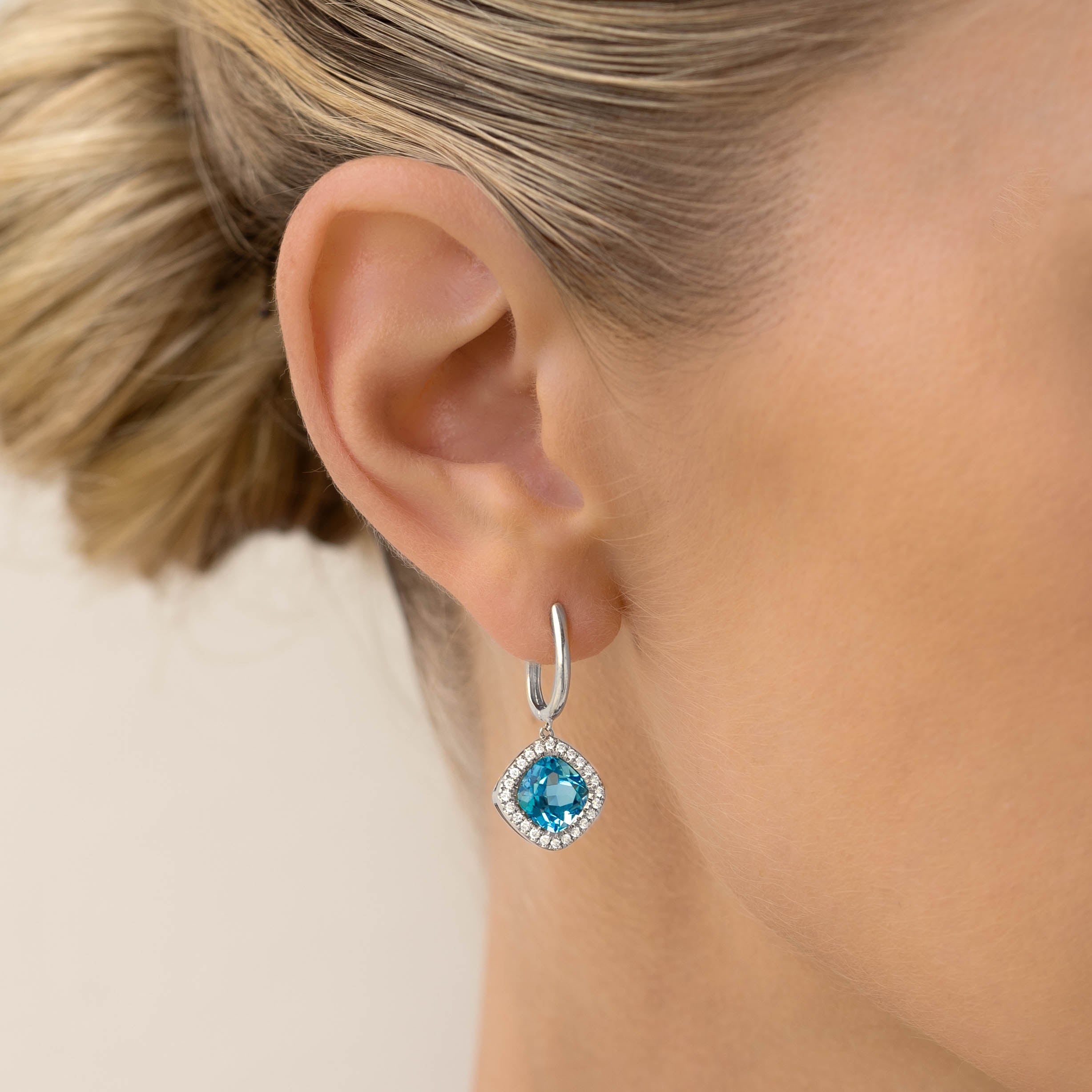 Swiss Blue Topaz and Lab Grown Diamond Halo Drop Earrings White Gold - Elvira