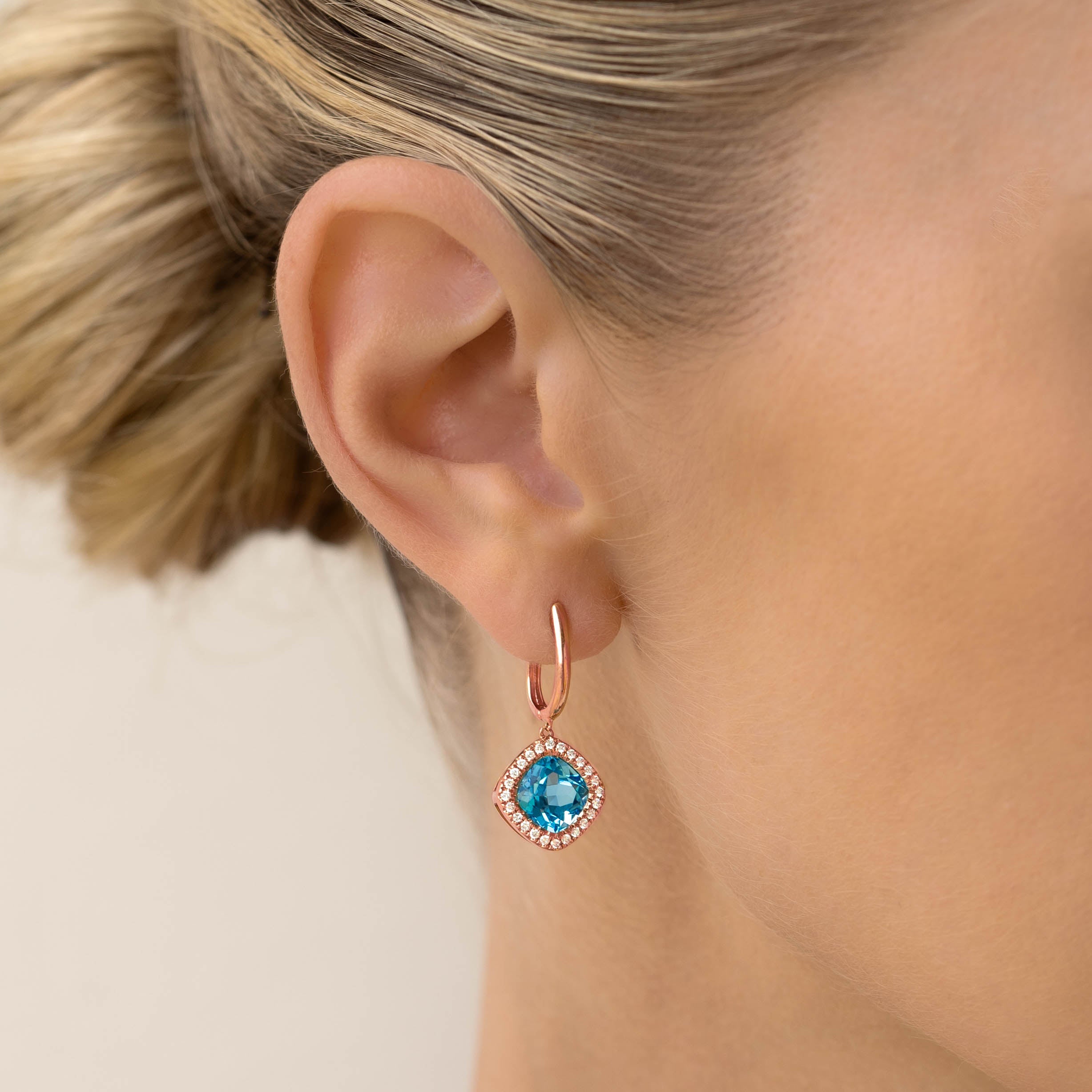 Swiss Blue Topaz and Lab Grown Diamond Halo Drop Earrings Rose Gold - Elvira