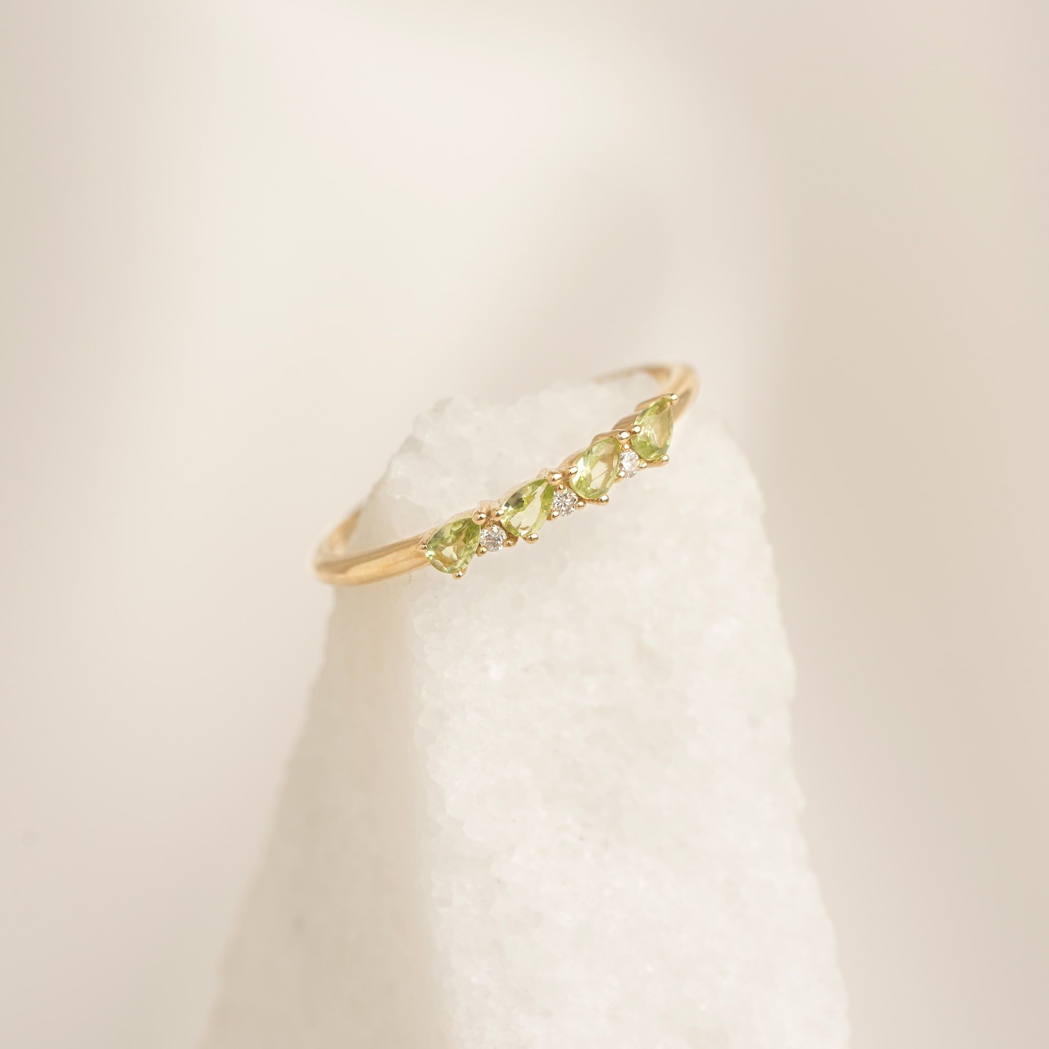 August Birthstone Pear Ring 14k Gold - Olivine and Lab Grown Diamond