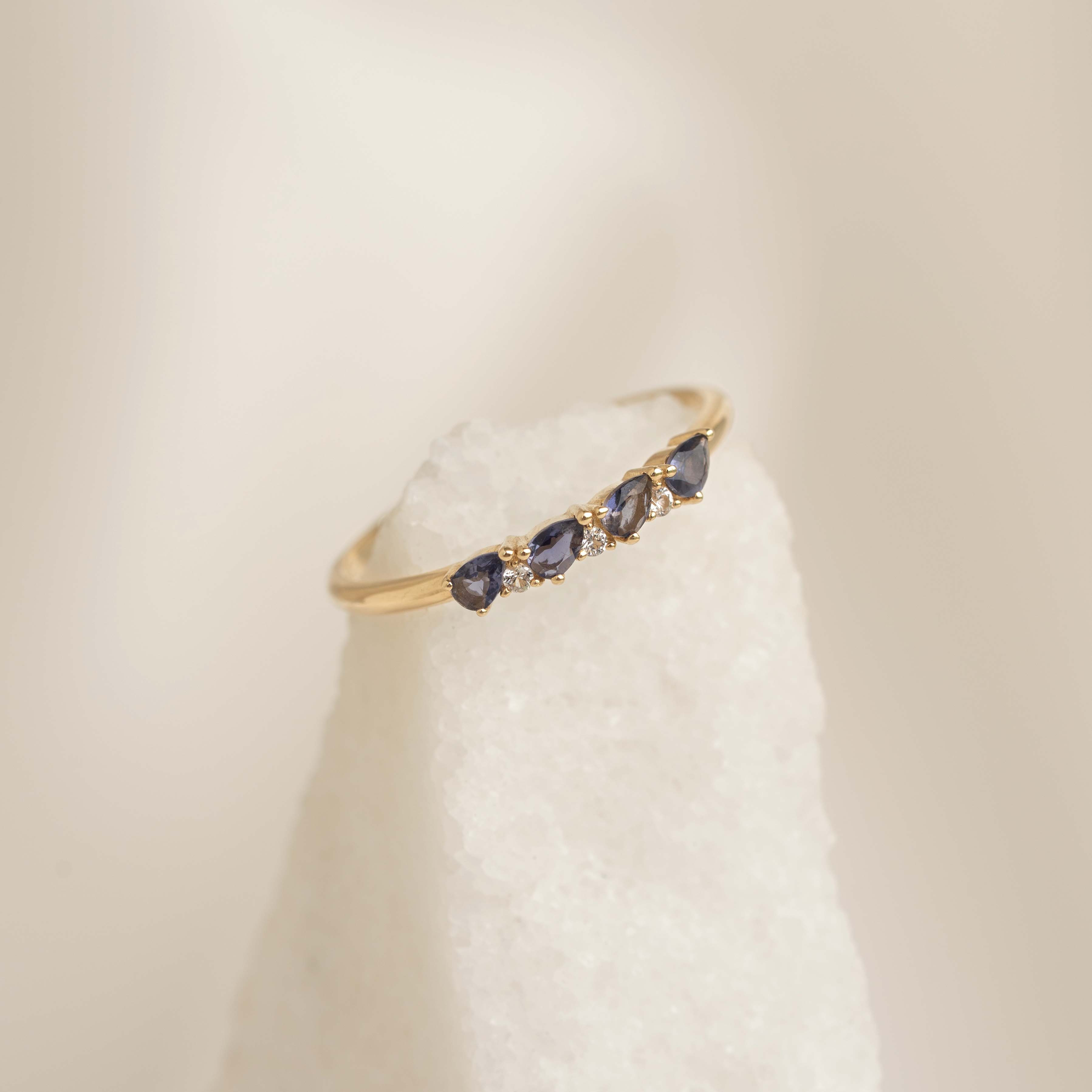 December Birthstone Pear Ring 14k Gold - Cordierite and Lab Grown Diamond