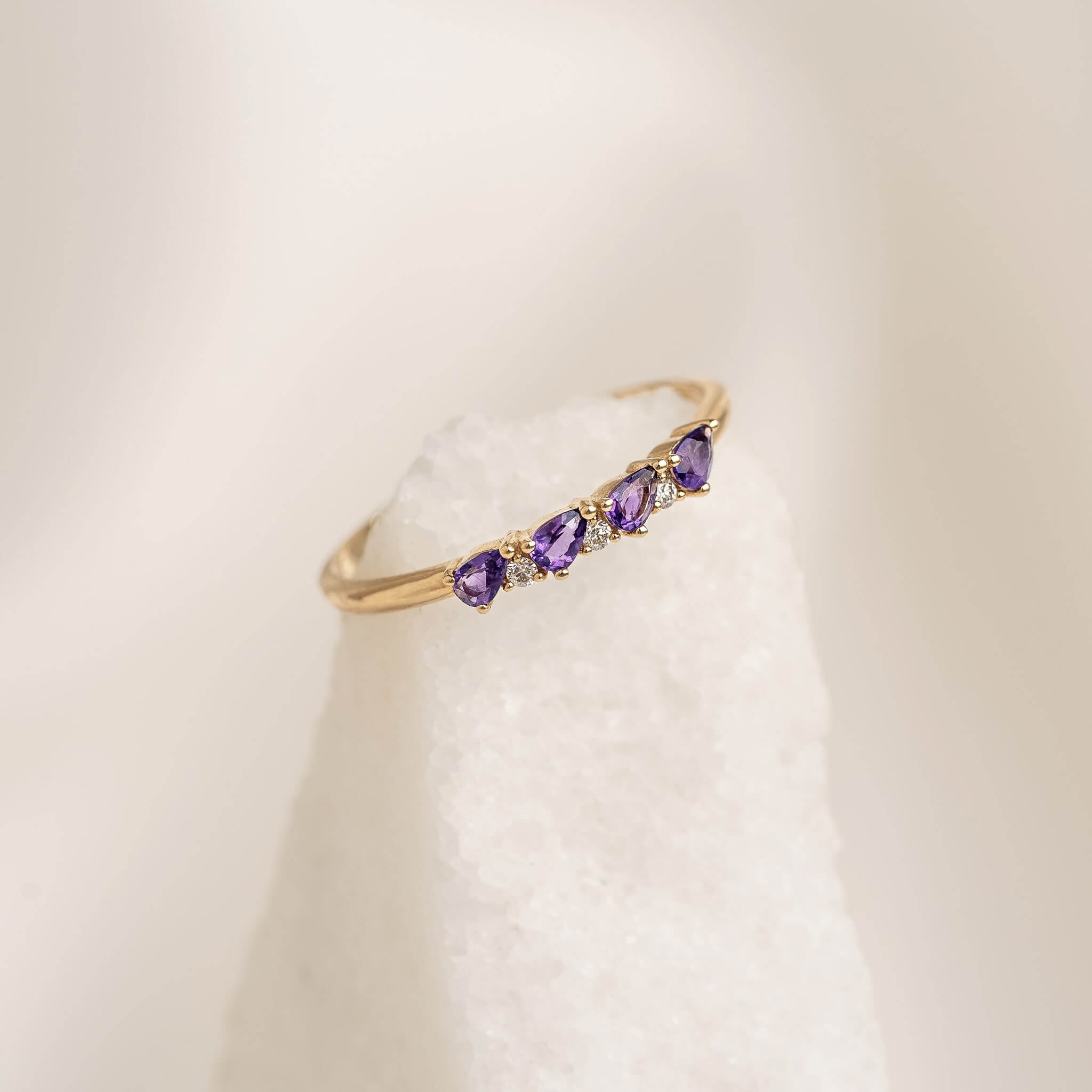 February Birthstone Pear Ring 14k Gold - Amethyst and Lab Grown Diamond