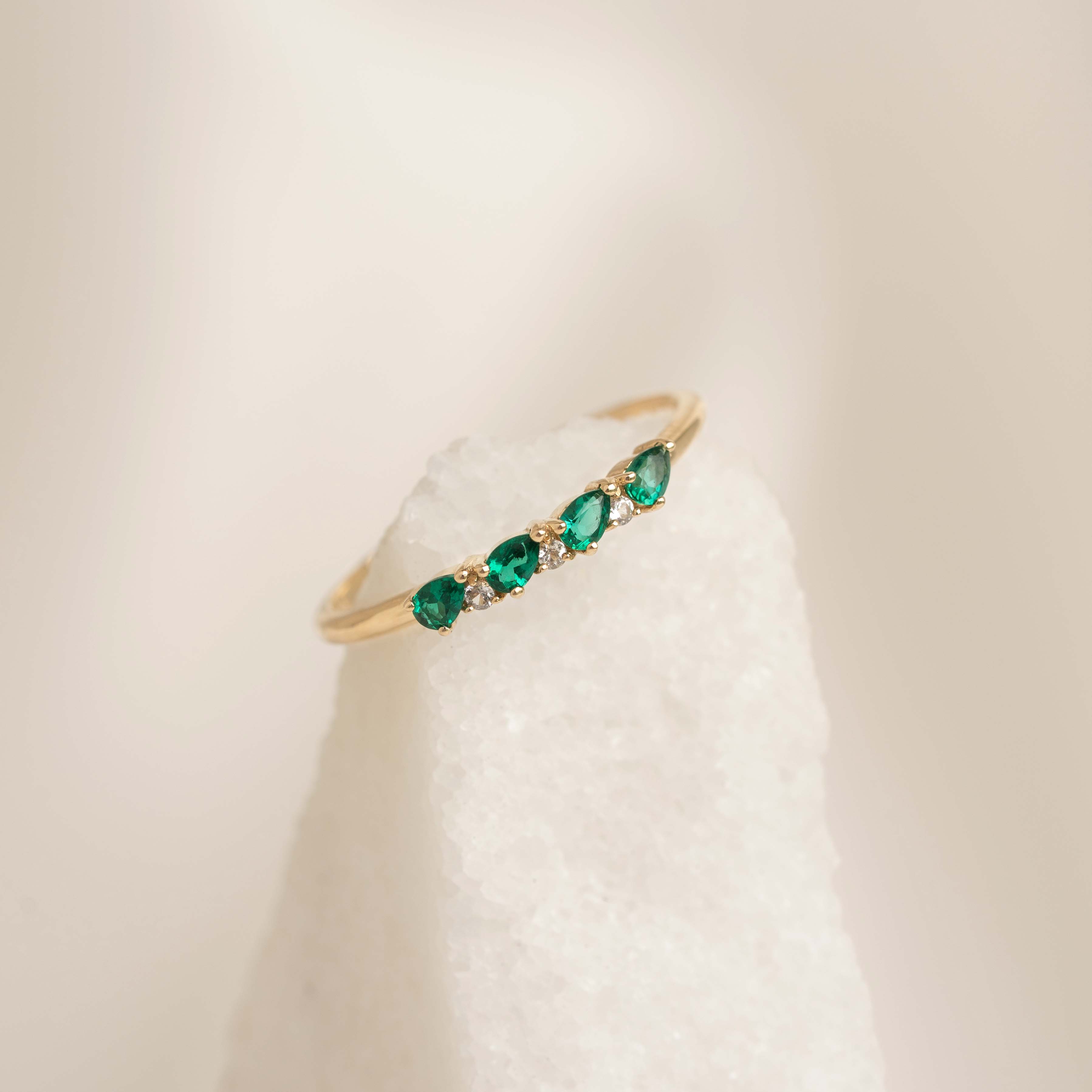 May Birthstone Pear Ring 14k Gold - Emerald and Lab Grown Diamond