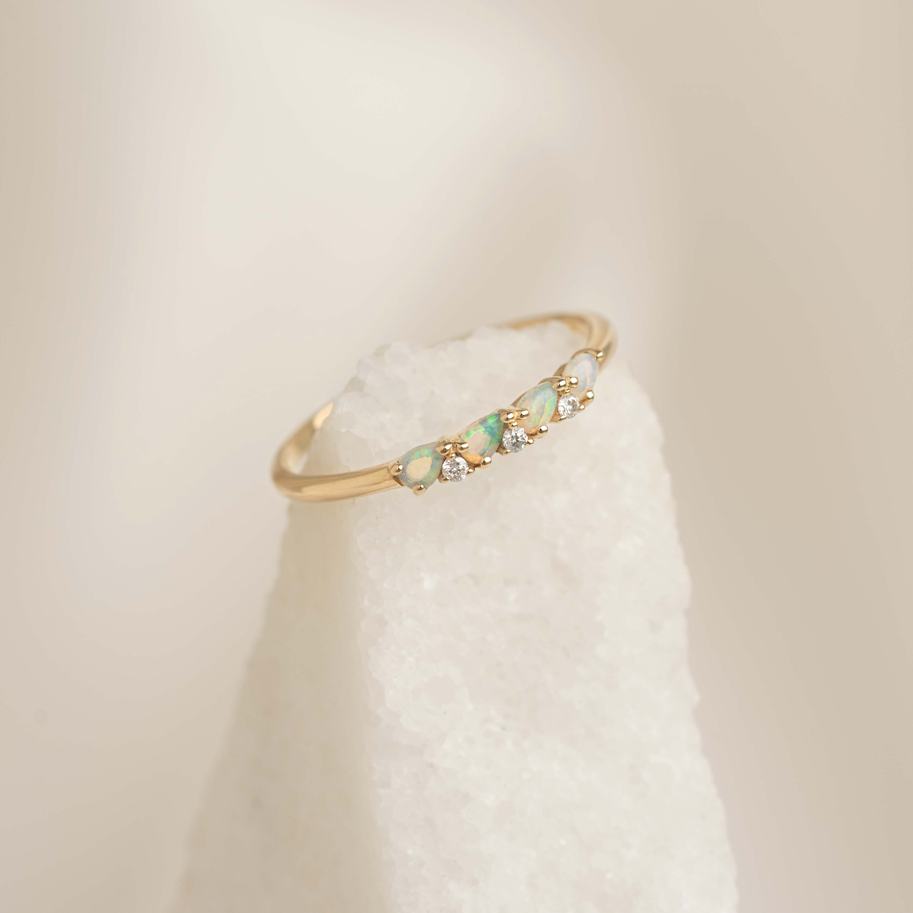 October Birthstone Pear Ring 14k Gold - Opal and Lab Grown Diamond
