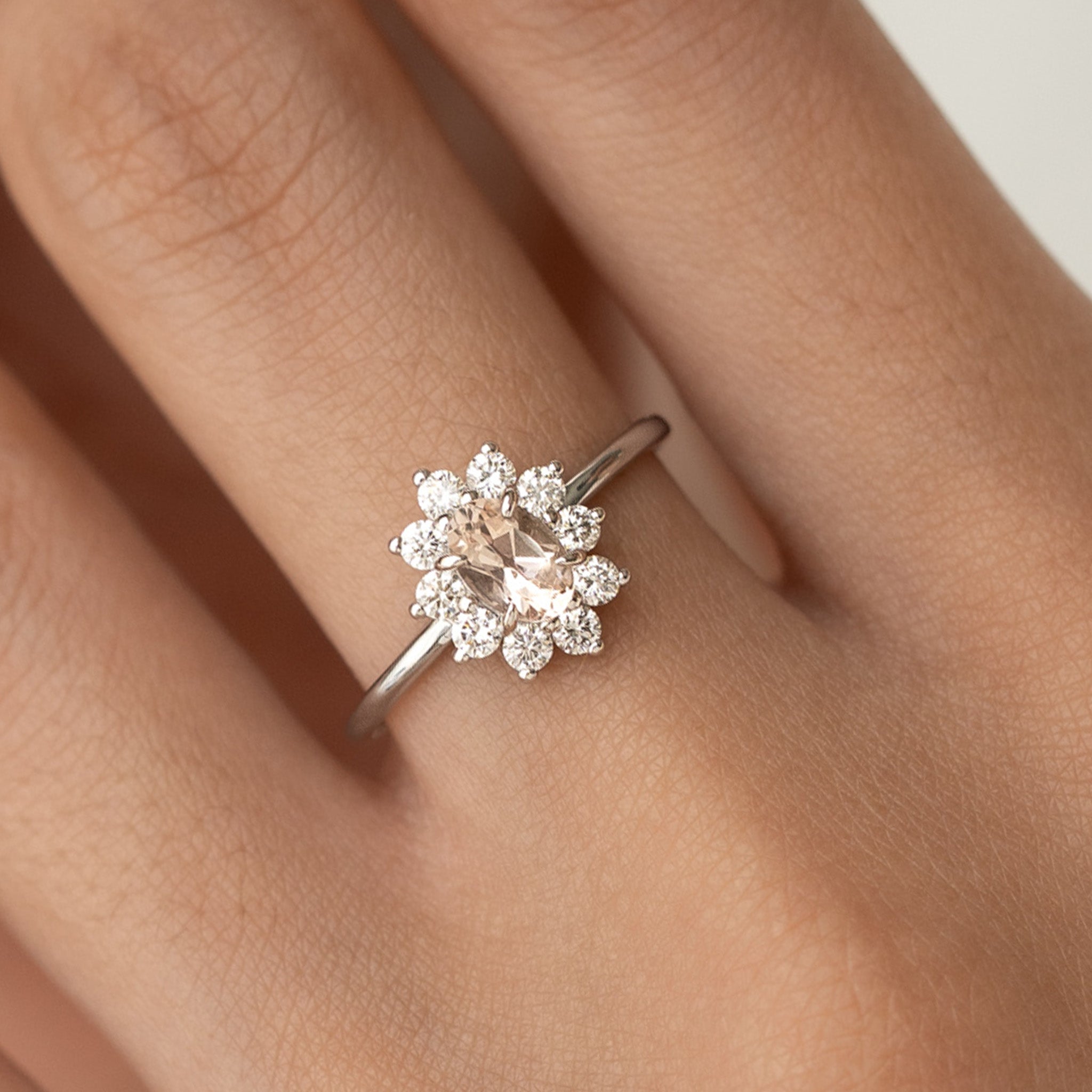Sunburst Morganite Halo Ring White Gold - Evelina