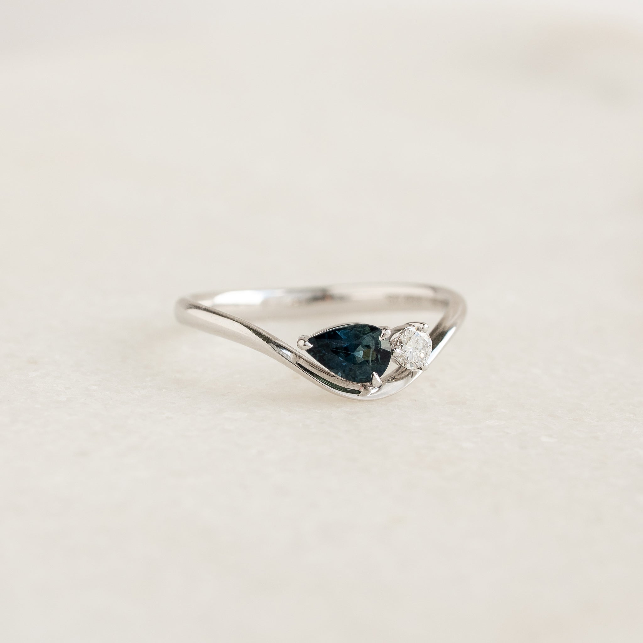 Pear Cut Sapphire and Lab Grown Diamond Ring 14k White Gold - Lekha
