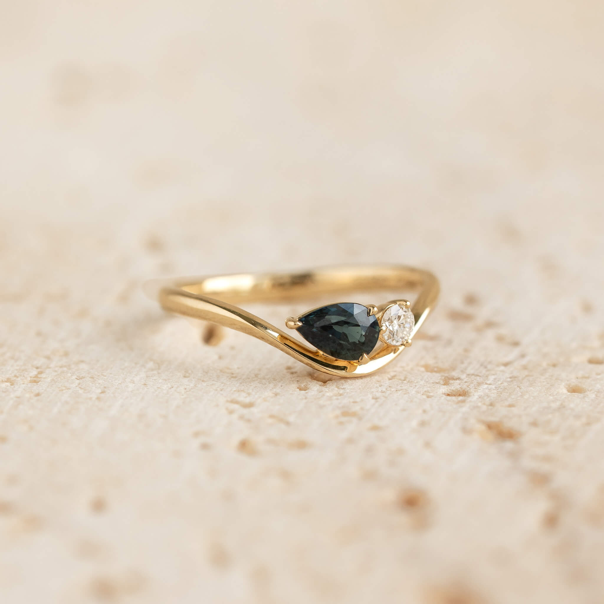 Pear Cut Sapphire and Lab Grown Diamond Ring 14k Gold - Lekha
