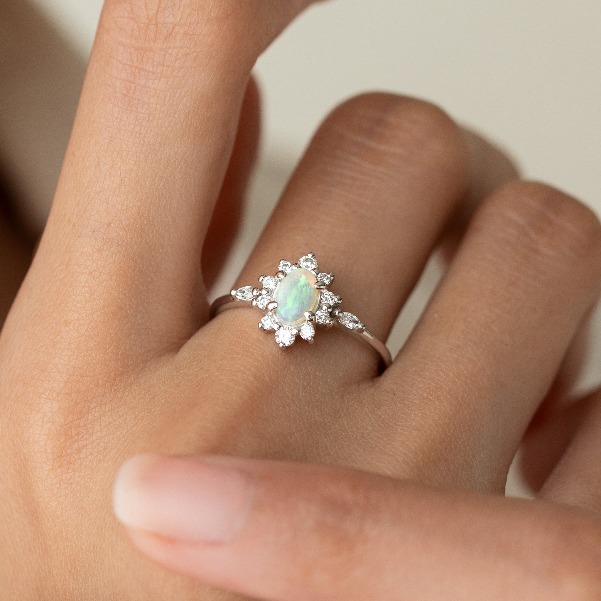 Sunburst Opal Halo Ring White Gold - Solana
