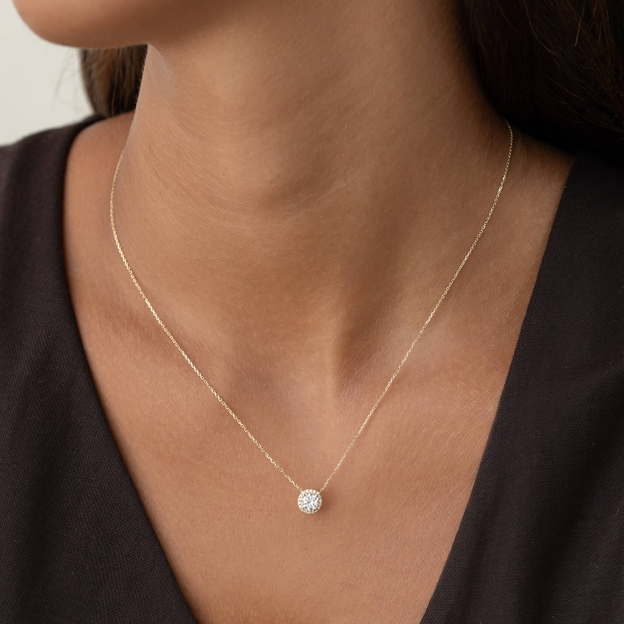 Halo Lab Grown Diamond Pendant Necklace 14k Gold - Wren