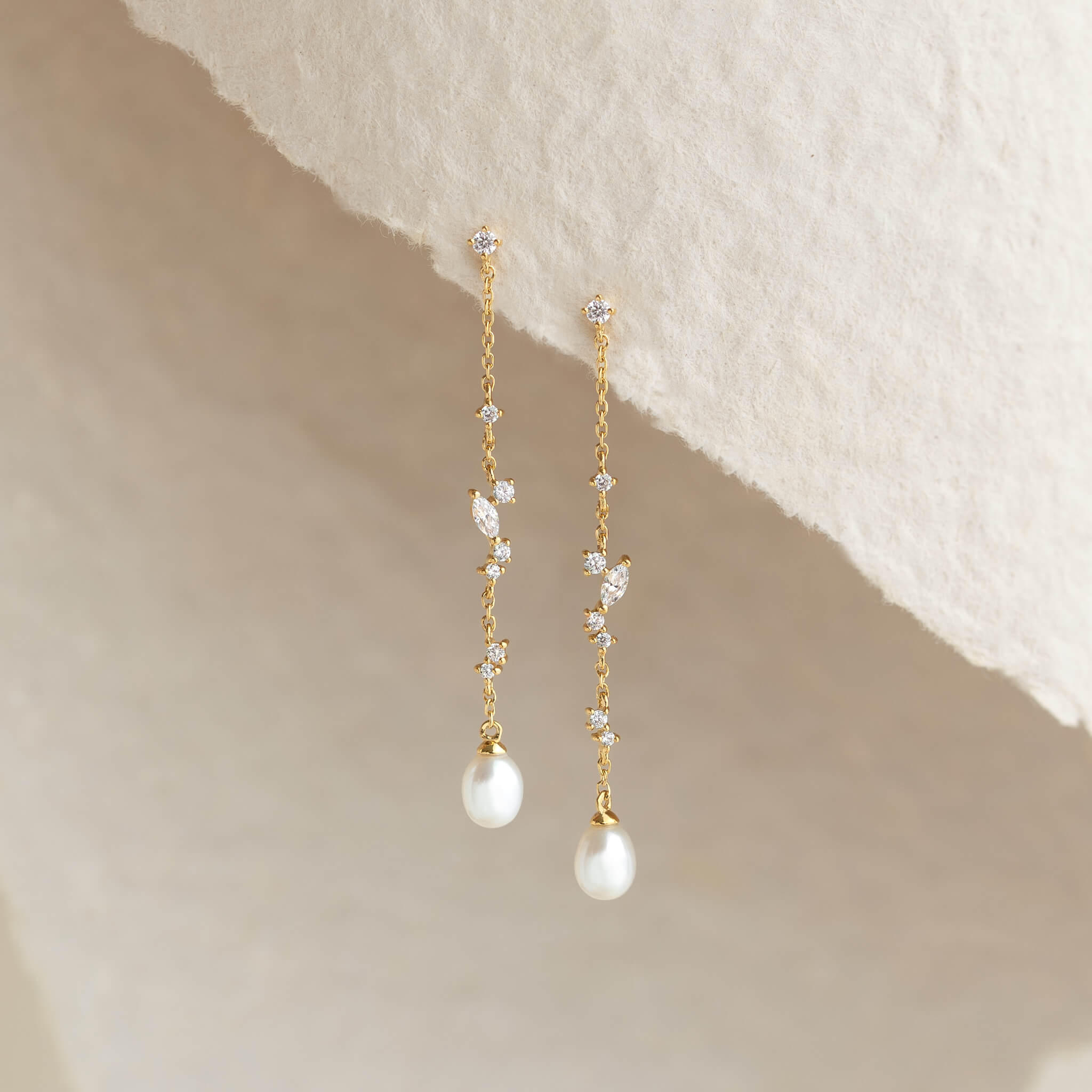 Leaf and Pearl Chain Earrings - Davina