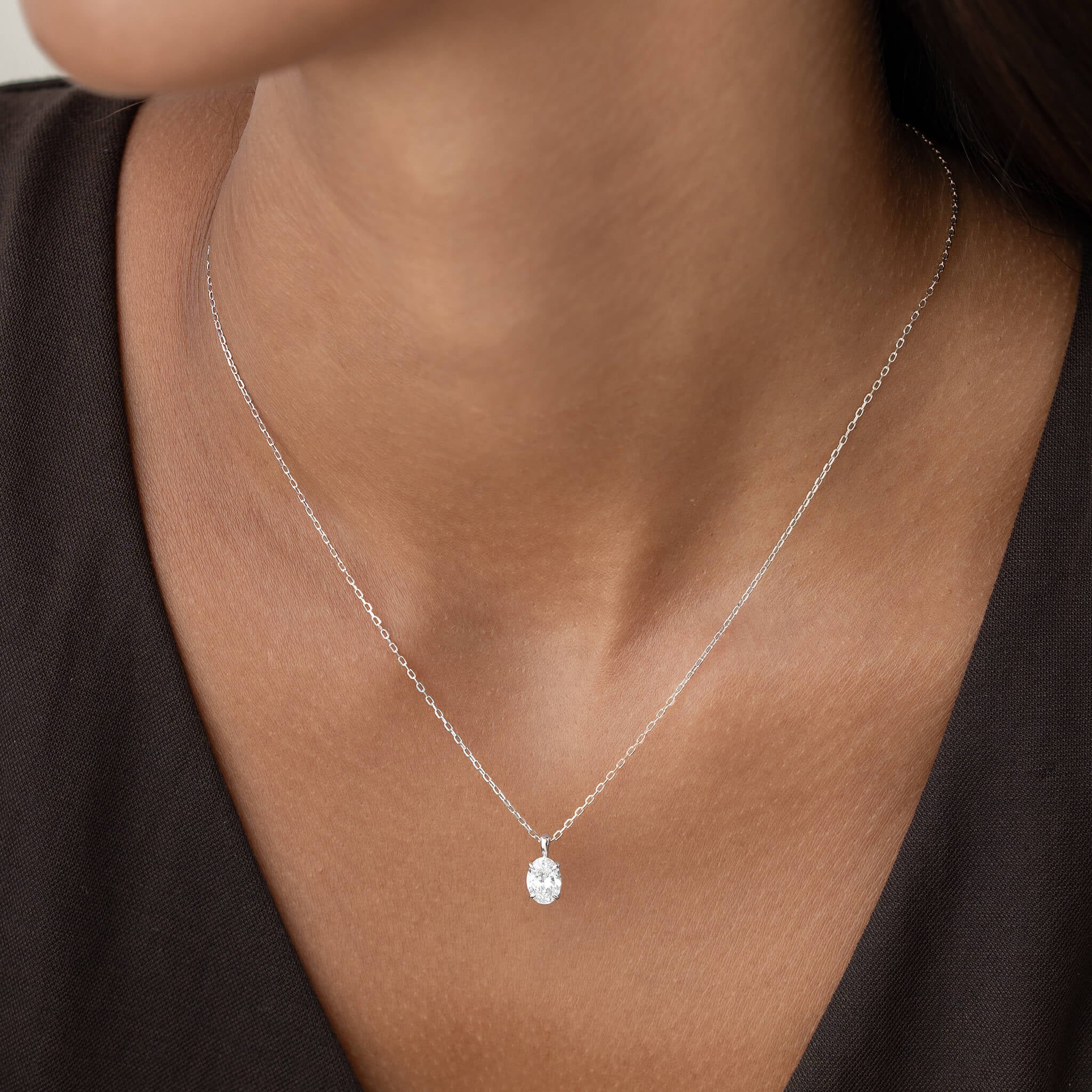 Oval Cut Lab Grown Diamond Pendant Necklace 14k White Gold - Leva