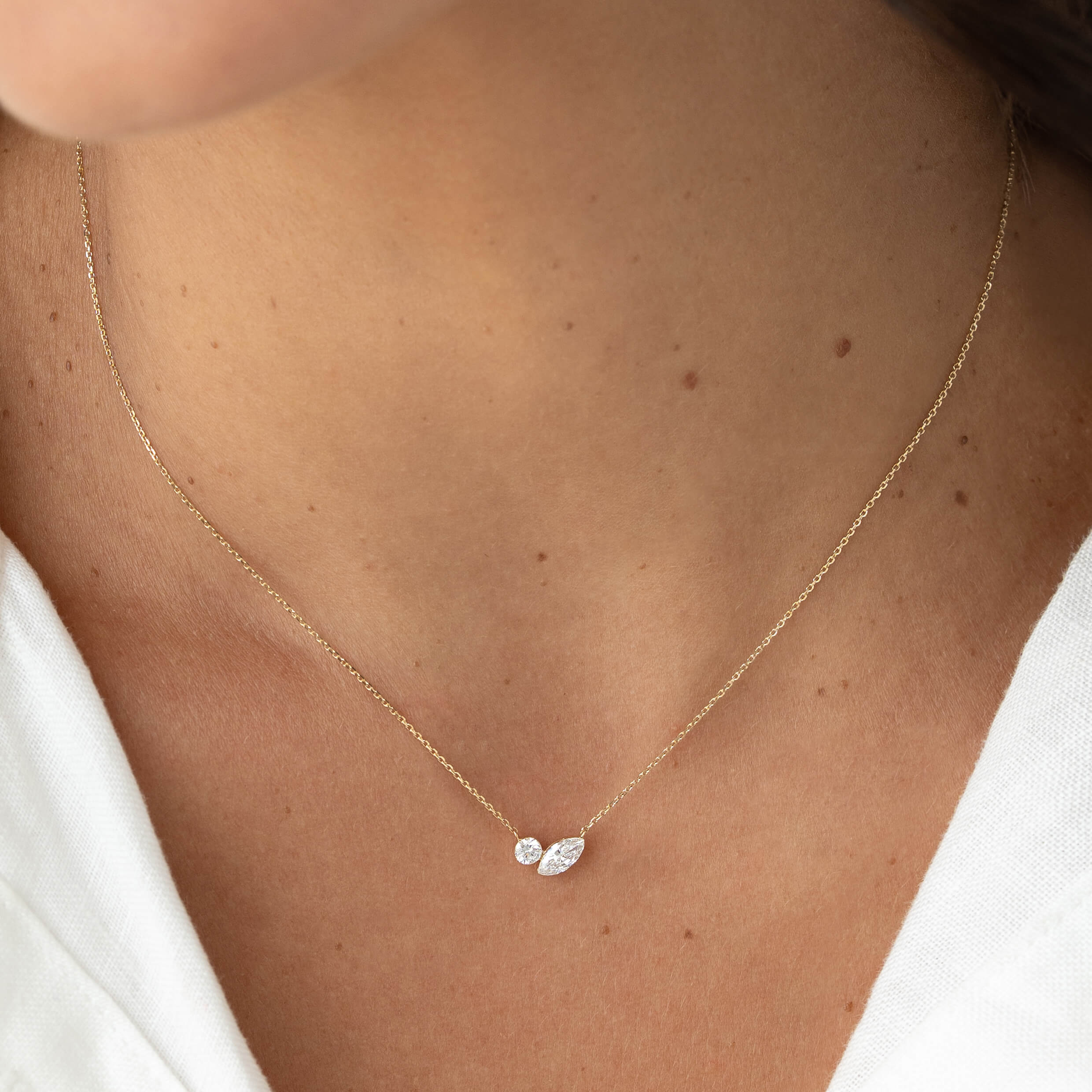 Marquise and Round Lab Grown Diamond Toi Et Moi Necklace 14k Gold - Dara