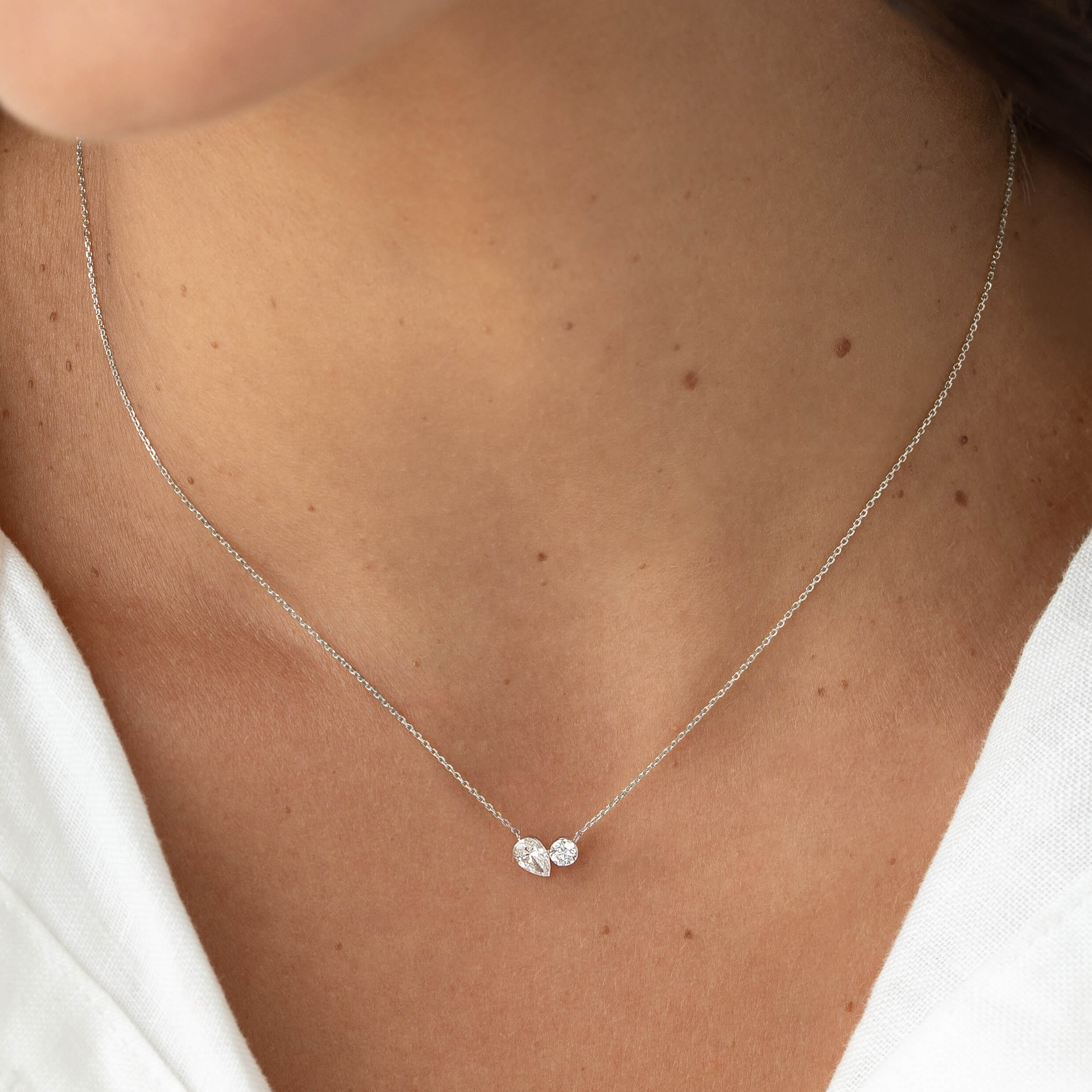 Pear and Round Lab Grown Diamond Toi Et Moi Necklace 14k White Gold - Petra