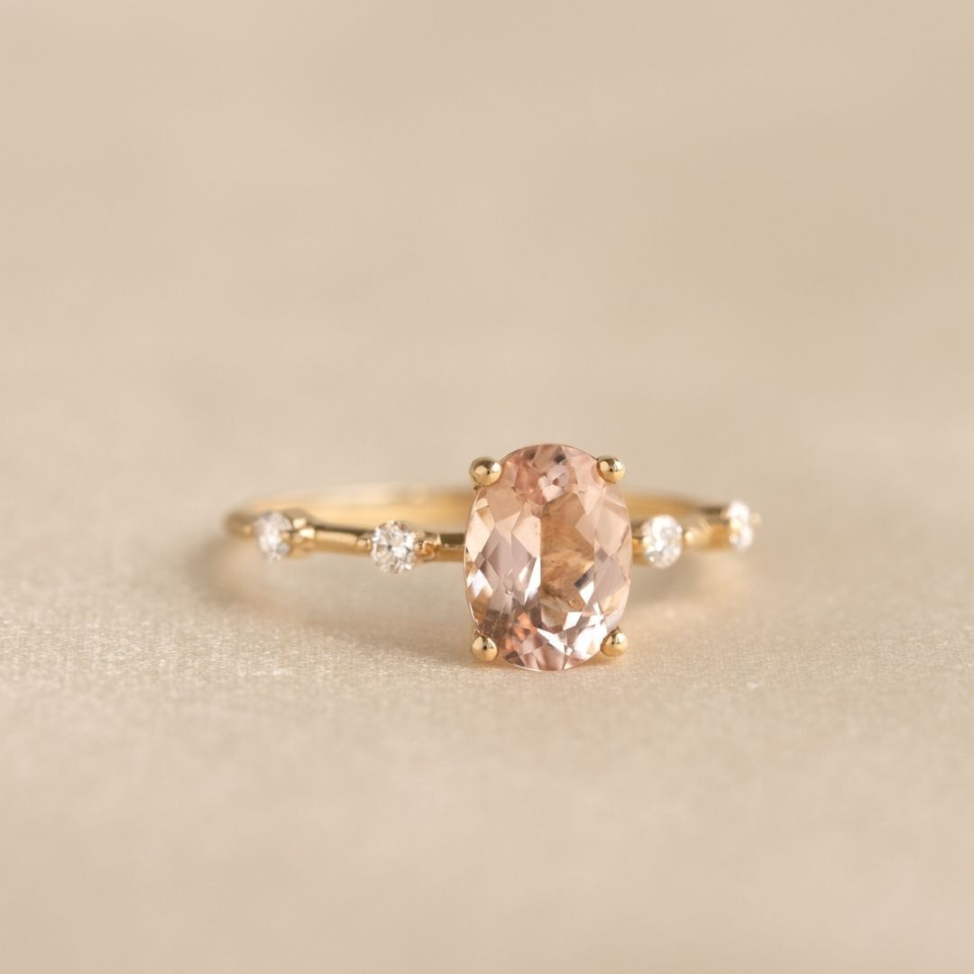 Oval Morganite and Lab Grown Diamond Ring 14k Gold - Demetria